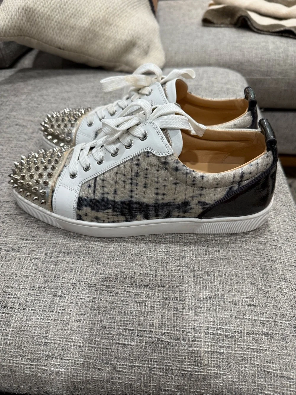 Christian Louboutin White and Silver Studded Low-Top Sneakers